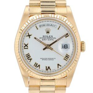 Rolex Day-Date 18238 36mm White Roman Dial Fluted Bezel President Band